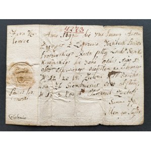 [SKARB KORONNY] TREMBECKI Antoni Zygmunt z Łapszowa h. Prus - Kwit pobrania z klasztoru jezuitów w Zielenic [1698]