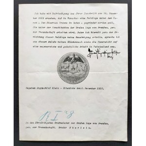[MASONERIA] FRYDERYK Leopold Książę Pruski - List do wielkiego mistrza loży pruskiej brata Eberlein zezwalający na założenie loży masońskiej w Warszawie podległej Wielkiej Loży Prus, dat. Klein-Glieniecke 1 XII 1915.