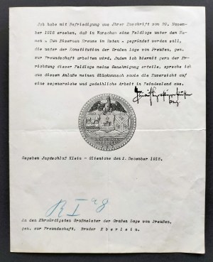 [MASONERY] FRYDERYK Leopold Prince of Prussia - Letter to the Grand Master of the Prussian Lodge Brother Eberlein authorizing the establishment of a Masonic lodge in Warsaw subordinate to the Grand Lodge of Prussia, dated. Klein-Glieniecke 1 December 1915