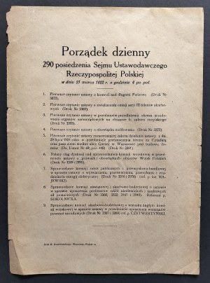 [SEJM] Agenda for the 290th session of the Legislative Sejm of the Republic of Poland on March 21, 1922 at 4 a.m. Warsaw [1922].