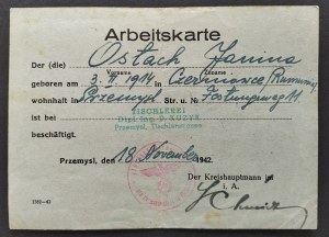 Arbeitskarte [work card] D. KUZYK carpentry shop. Przemyśl [1942].