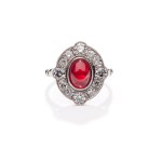 Ring with ruby and diamonds, 2nd half 20th century jewelry, platinum ~ 0.950
