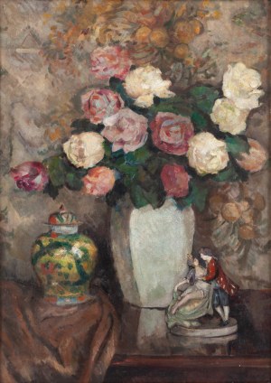 Stefan Filipkiewicz (1879 Tarnów - 1944 Mauthausen-Gusen), Zátiší s květinami a porcelánem (