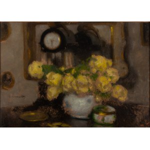 Alfons Karpiński (1875 Rozwadów k. Tarnobrzegu - 1961 Kraków), Martwa natura z żółtymi różami i zegarem