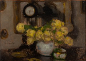 Alfons Karpinski (1875 Rozwadów near Tarnobrzeg - 1961 Kraków), Still life with yellow roses and a clock