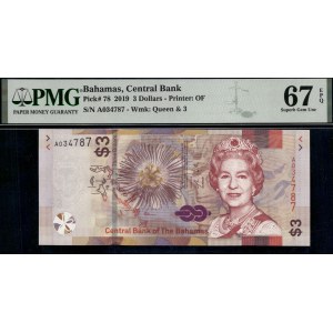 Bahamas. 2019 3 Dollars Prefix A