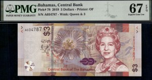 Bahamas. 2019 3 Dollars Prefix A