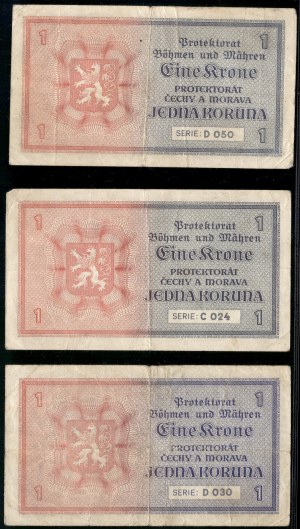 Bohemia & Moravia. 1 Koruna 1942 3 Pieces