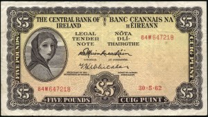 Ireland. 1962 5 Pounds Central Bank