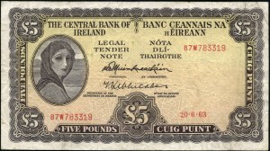 Ireland. 1963 5 Pounds Central Bank