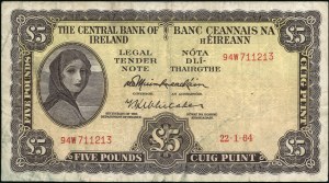 Ireland. 1964 5 Pounds Central Bank