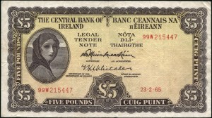 Ireland. 1965 5 Pounds Central Bank