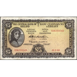 Ireland. 1966 5 Pounds Central Bank