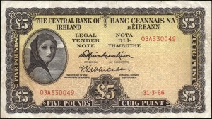 Ireland. 1966 5 Pounds Central Bank