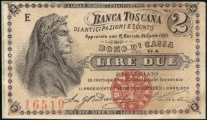 Italy. 1870 Tuscany 2 Lire Banca Toscana Type I Center Seal