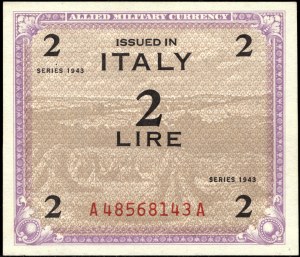 Italy. 1943 2 Lire Prefix AA Allied Military Currency