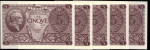 Italy. 1944 5 Lire Prefix 928 5 Consecutive Pieces