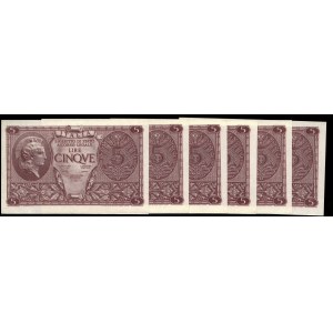 Italy. 1944 5 Lire Prefix 928 6 Consecutive Pieces