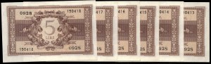 Italy. 1944 5 Lire Prefix 928 6 Consecutive Pieces