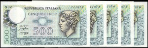 Italy. 1979 500 Lire Prefix N 32 5 Consecutive Pieces