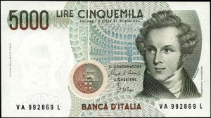 Italy. 1985 5000 Lire Prefix VA L