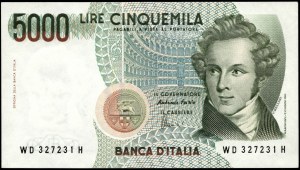 Italy. 1985 5000 Lire Prefix WD H