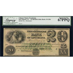 United States of America. 1830s 20 Dollars Vingt Citizens' Bank of Louisiana