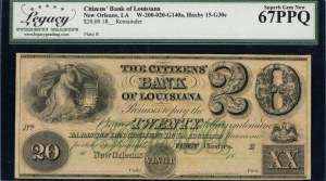 United States of America. 1830s 20 Dollars Vingt Citizens' Bank of Louisiana
