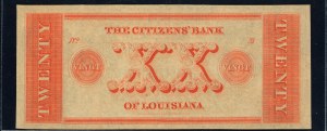 United States of America. 1830s 20 Dollars Vingt Citizens' Bank of Louisiana