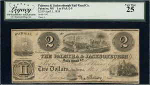 United States of America. 1838 2 Dollars Palmyra & Jacksonburgh Railroad Co Palmyra Michigan