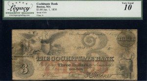 United States of America. 1850 3 Dollars Cochituate Bank Boston MA Rare Denomination