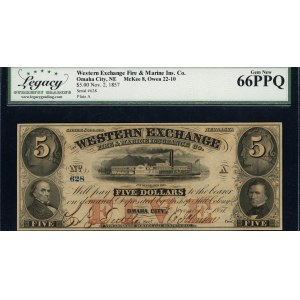 United States of America. 1857 5 Dollars Western Exchange Fire & Marine Co Omaha City Nebraska