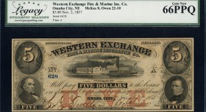 United States of America. 1857 5 Dollars Western Exchange Fire & Marine Co Omaha City Nebraska