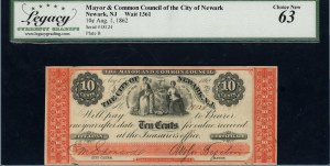 United States of America. 1862 10 Cents Mayor & Common Council City of Newark