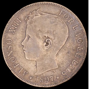 Spain. 1897 5 Pesetas Contemporary Counterfeit Silver