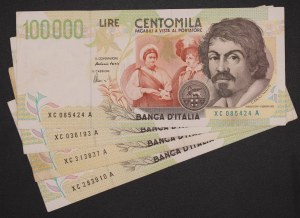 Italy. 1994 100000 Lire Prefix XC A Replacement Lot 4 Pieces