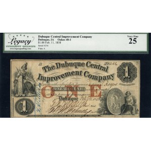 United States of America. 1858 1 Dollar Dubuque Central Improvement Co 11 Feb
