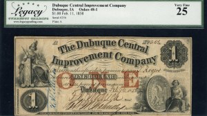 United States of America. 1858 1 Dollar Dubuque Central Improvement Co 11 Feb