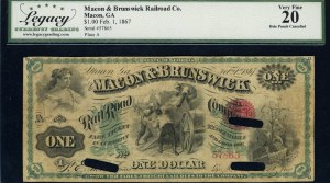 United States of America. 1867 1 Dollar Macon & Brunswick Railroad 11 Feb