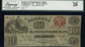 United States of America. 1859 10 Dollars Farmers Bank Poughkeepsie NY 1 Sept