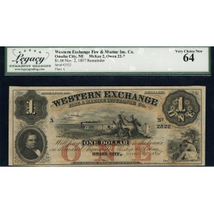 United States of America. 1857 1 Dollar Western Exchange Omaha Nebraska 11 Feb