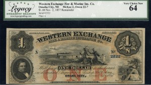 United States of America. 1857 1 Dollar Western Exchange Omaha Nebraska 11 Feb