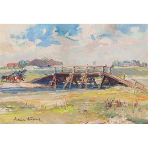Juliusz Słabiak (1917 Sosnowiec - 1973 Kraków), Pejzaż wiejski z mostem