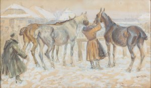 Jan Erazm Kotowski (1885 Opatowiczki near Pinczow - 1960 Milanowek), Men by the horses