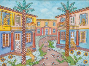 Jan Plaskocinski (1919 Pulawy - 1993 Warsaw), Houses with lions, 1967