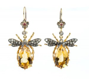 Silver, gilded silver, citrine quartz, diamond pair of earrings