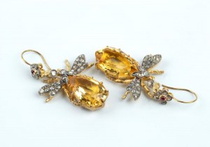 Silver, gilded silver, citrine quartz, diamond pair of earrings