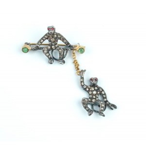 Silver, gold, diamond, emerald, ruby, Victorian inspired swinging monkey brooch