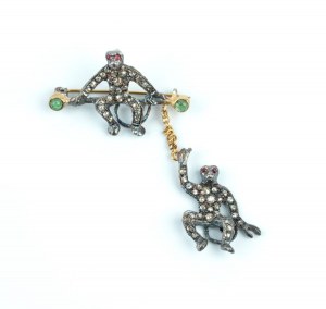 Silver, gold, diamond, emerald, ruby, Victorian inspired swinging monkey brooch