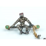 Silver, gold, diamond, emerald, ruby, Victorian inspired swinging monkey brooch